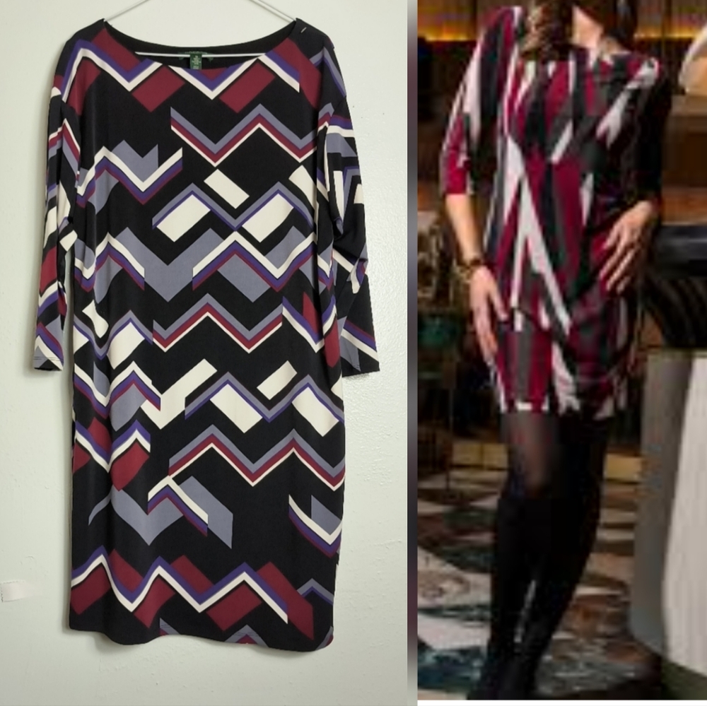 Lauren Ralph Lauren Size 14 Elbow Sleeve Sheath Dress Chevron Boat N